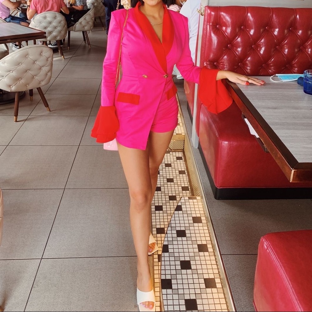 PrettyLittleThing Size 0 Pink Contrast Frill Sleeve Blazer Romper